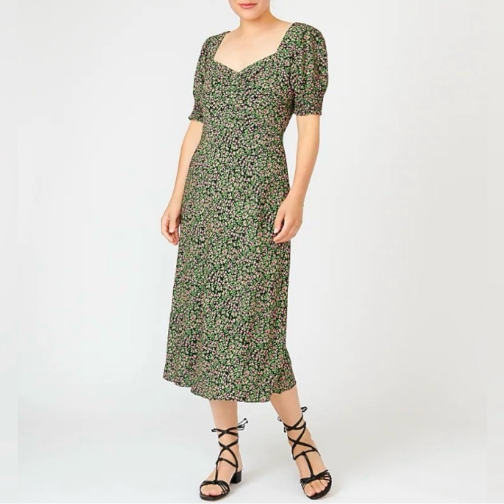 J Crew Floral Sweetheart Neckline Short Sleeve Midi Dress